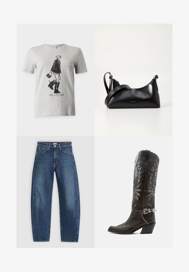 T-shirt gris clair à manches courtes avec une illustration noire d'une femme en bottes et veste tenant un sac à main et le texte "Step out of style."; Jean en denim bleu foncé avec une coupe droite, dotés de poches avant, de surpiqûres contrastées et d'une texture légèrement délavée sur les jambes.; Botte de cowboy en cuir noir avec découpes décoratives, boucle argentée et talon incliné, présentée sur fond blanc.; Sac à main en cuir noir avec une texture lisse. Dispose d'une bandoulière adjustable et d'un design élégant et minimaliste avec une fermeture éclair.