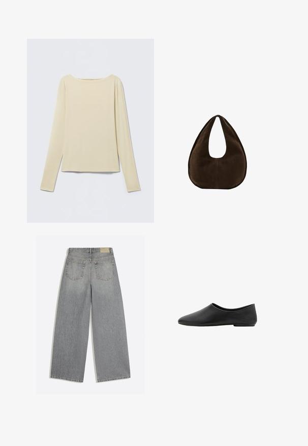 Beige langærmet tætsiddende top med bådudskæring, vist fladt på en lys baggrund.; Grå vidbenede denimjeans der viser bagsiden med to lommer og bæltestropper lagt fladt på hvid baggrund.; Sorte minimalistiske flade sko med rund mandelformet tå og lav hæl, glat læderoverdel, slip-on stil.; Mørkebrun ruskind skuldertaske formet som en halvmåne med en bred rem og glat tekstur på en hvid baggrund.