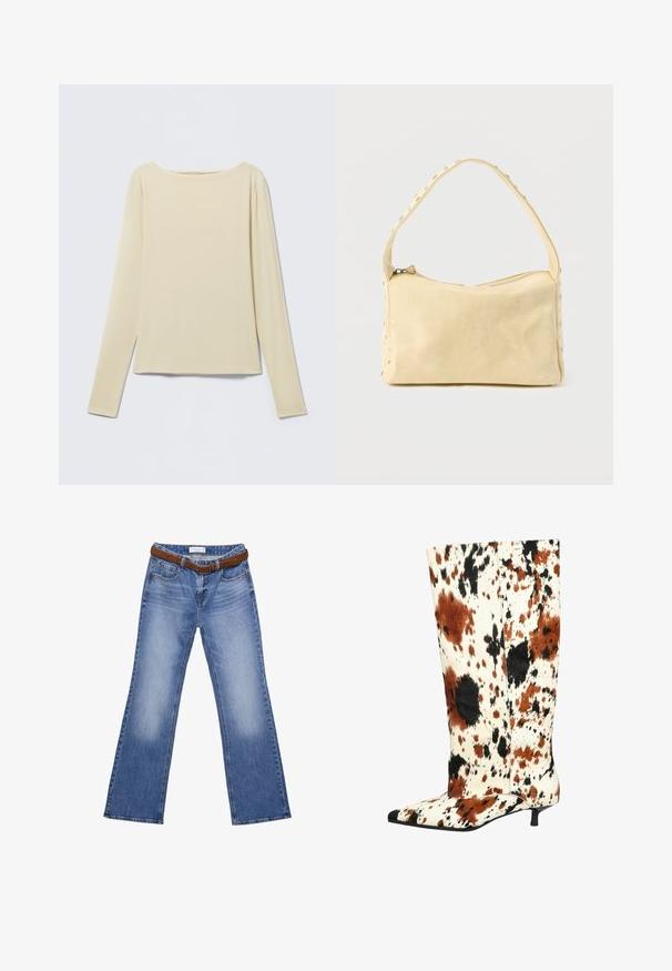 Beige langærmet tætsiddende top med bådudskæring, vist fladt på en lys baggrund.; Blå denim jeans med et brunt læderbælte, slidte områder på lårene, fem-lomme stil og lige ben.; Knæhøje støvler med en cowhide-print i brune, sorte og hvide splatter. Spidse tæer og en lav, slank hæl. Tekstureret overflade.; Lille beige læderhåndtaske med en enkelt rem og sølvnitter langs kanterne og remmen, sat mod en ensfarvet baggrund.