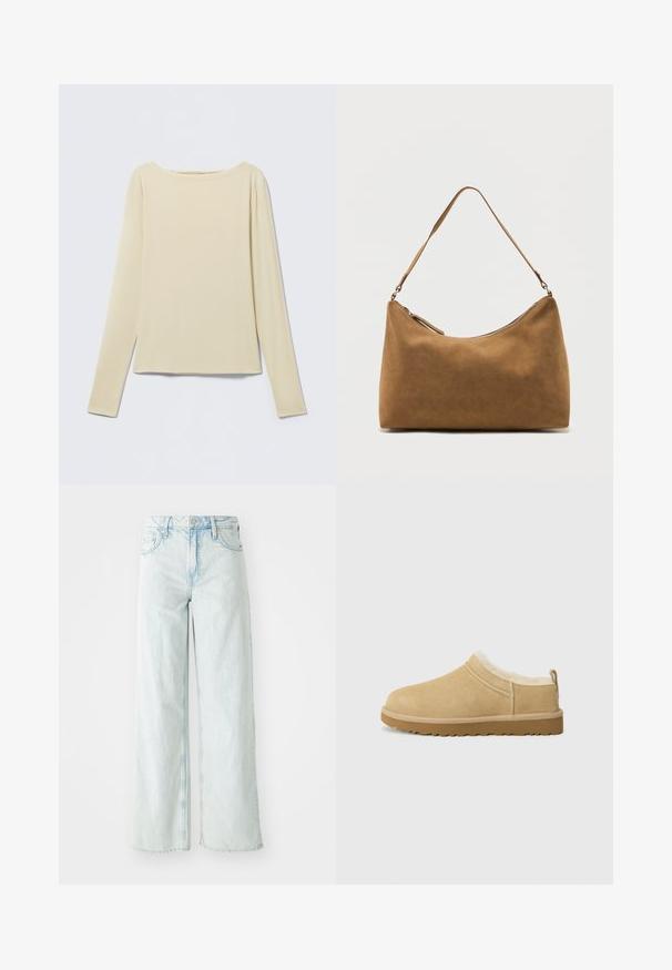 Beige langærmet tætsiddende top med bådudskæring, vist fladt på en lys baggrund.; Lysblå, højttalende brede benjeans i denimstof. Har fem lommer og knaplukning. Slidte områder på lårene.; Suede slip-on sko i lys tan, med en blød pelsforing og tekstureret gummisål med en let hæl og bagestrop for nem påklædning.; Brun skuldertaske i ruskind med enkelt rem og lynlås øverst, vist mod en ensfarvet hvid baggrund.
