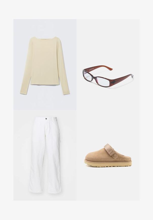 Top beige ajustado de manga larga con escote barco, exhibido sobre un fondo claro.; Pantalones de algodón blancos con un diseño de pierna recta, que cuentan con un cierre de botón, bolsillos laterales y un ajuste holgado. Textura suave.; Zueco de ante en beige con parte superior texturizada, correa ajustable y una suela de goma robusta con un patrón de tacos para un mejor agarre.; Gafas rectangulares con tintado marrón y acabado brillante, con varillas delgadas y lentes transparentes. Logo visible en la patilla izquierda.