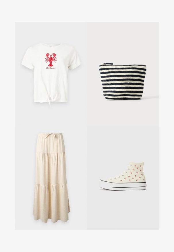 Hvid kortærmet T-shirt med knude foran, rød palietteret hummelgrafik og teksten "Feelin' Claw-some!" under hummelen.; Beige maxi-nederdel i lag med elastisk talje og snøre, med et flydende, opsamlet stofdesign.; Høje sneakers lavet af gul lærred, med et mønster af små røde jordbær, hvide snørebånd og en hvid sål med sorte striber.; Lille lynlåspung med vandrette sorte og hvide strikkede striber, flad bund og synlig lynlåstrækker øverst.
