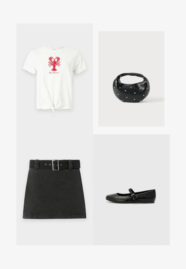 Hvid kortærmet T-shirt med knude foran, rød palietteret hummelgrafik og teksten "Feelin' Claw-some!" under hummelen.; Sort denim miniskirt med et matchende bælte, der har metalspænde og bæltestropper, præsenteret fladt på en hvid baggrund.; Sorte læder balletflade med rund tå, flad sål og en tynd justerbar rem over svangen med en metalspænde.; Sort læderhåndtaske med en rundet form, dekoreret med sølvnitter, og et kort håndtag. Glat tekstur og lynlåslukning.