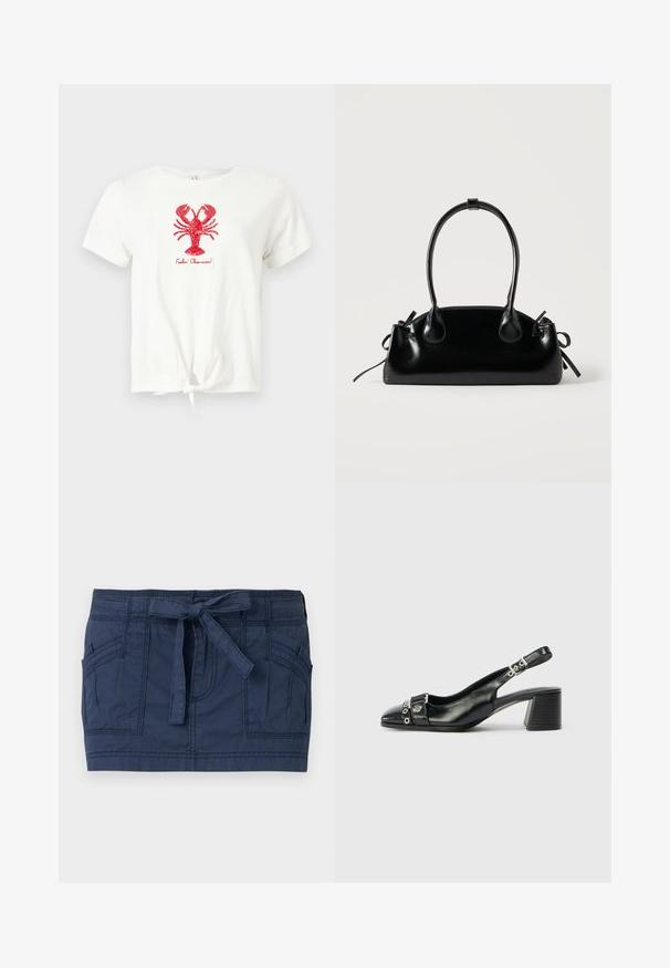 T-shirt blanc à manches courtes avec nœud devant, motif homard rouge en sequins, et texte "Feelin' Claw-some !" sous le homard.; Mini-jupe bleu marine avec grandes poches avant et ceinture en tissu nouée à la taille, en coton texturé.; Sandale à talon en cuir noir avec un bout pointu, une sangle texturée ornée d'accents métalliques circulaires et un talon empilé.; Petit sac à main noir brillant avec deux longues anses et des détails à cordon sur les côtés sur un fond clair uni.