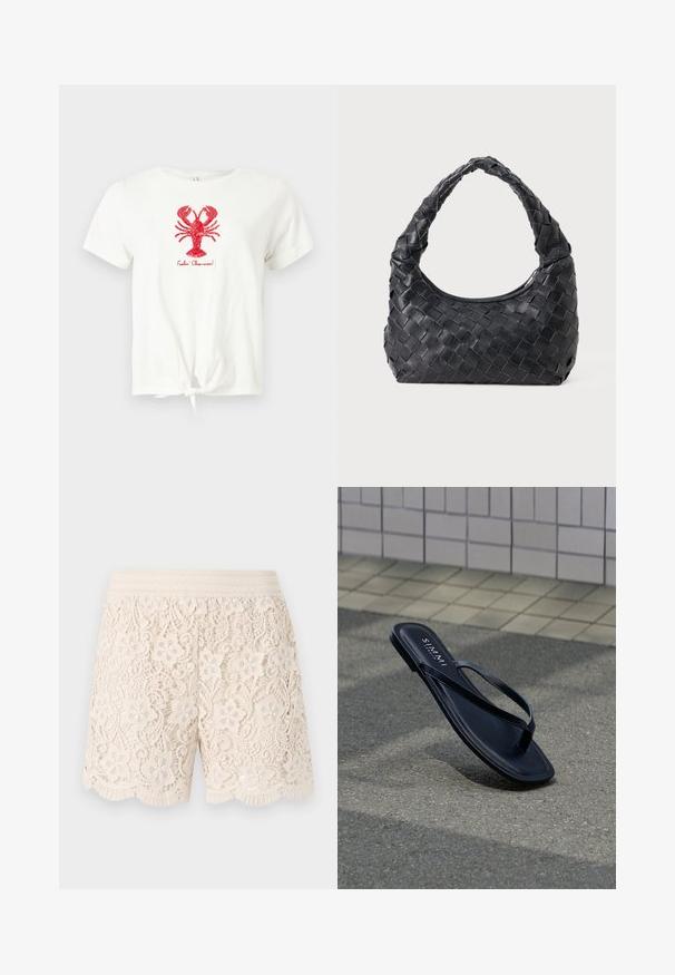 T-shirt blanc à manches courtes avec nœud devant, motif homard rouge en sequins, et texte "Feelin' Claw-some !" sous le homard.; Shorts en dentelle couleur blanc cassé avec des motifs floraux, ourlet festonné et taille élastique, présentant des détails intriqués sur l'ensemble du tissu.; Sandale tongs en cuir noir avec des lanières fines reposant sur un trottoir gris près d'un mur carrelé, avec la marque "S. MAMMI" inscrite sur la semelle intérieure.; Sac en cuir noir tissé avec une poignée arrondie et un corps en forme de croissant sur un fond uni.