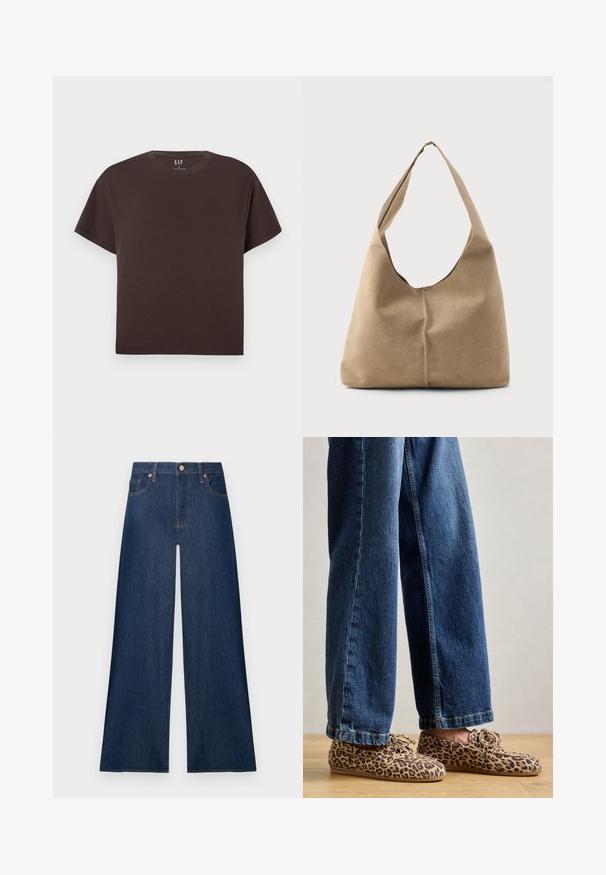 Mørkebrun kortærmet t-shirt med rund hals og lige snit samt GAP-mærke indeni kraven på en lysegrå baggrund.; Mørkeblå vidde jeans i denim med knapper foran og lommer, vist mod en ensfarvet lys baggrund.; Læderloafers med leopardmønster, lavet af ruskind, med rund tå, snøre-design og flade, fleksible såler, parret med blå denim jeans.; Hobo taske i blød beige ruskind med en afslappet form, bred skulderrem og håndsyet sømdetalje langs fronten.