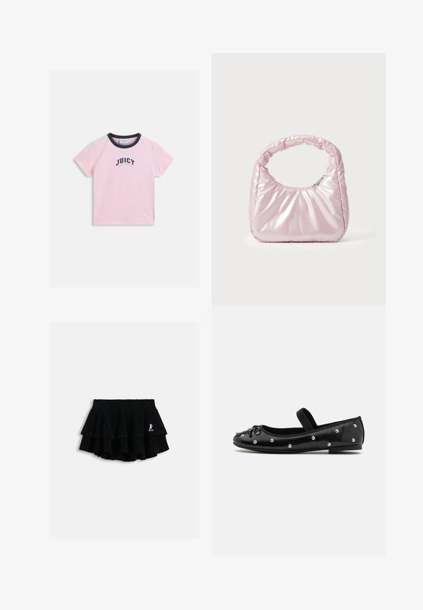 T-shirt rose clair à manches courtes avec un col noir et le texte "JUICY EST LOS ANGELES" imprimé au centre à l'avant.; Mini-jupe noire à volants avec taille élastique et petit logo blanc sur le côté droit, présentée sur un fond clair uni.; Botte plate en cuir noir avec un bout arrondi, des clous en argent décoratifs et une sangle élastique. Elle présente une texture lisse et un talon bas.; Sac à main rose rembourré avec un design arrondi, fabriqué à partir d'un matériau brillant. Dispose d'une poignée froncée et d'une fermeture éclair pour un accès sécurisé.