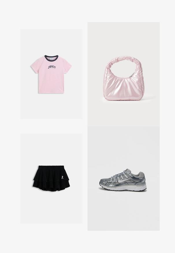 T-shirt rose clair à manches courtes avec un col noir et le texte "JUICY EST LOS ANGELES" imprimé au centre à l'avant.; Mini-jupe noire à volants avec taille élastique et petit logo blanc sur le côté droit, présentée sur un fond clair uni.; Chaussure de sport grise avec tige en mesh, accents métalliques et semelle blanche. Dispose d'un système de laçage et de détails texturés pour accroche.; Sac à main rose rembourré avec un design arrondi, fabriqué à partir d'un matériau brillant. Dispose d'une poignée froncée et d'une fermeture éclair pour un accès sécurisé.