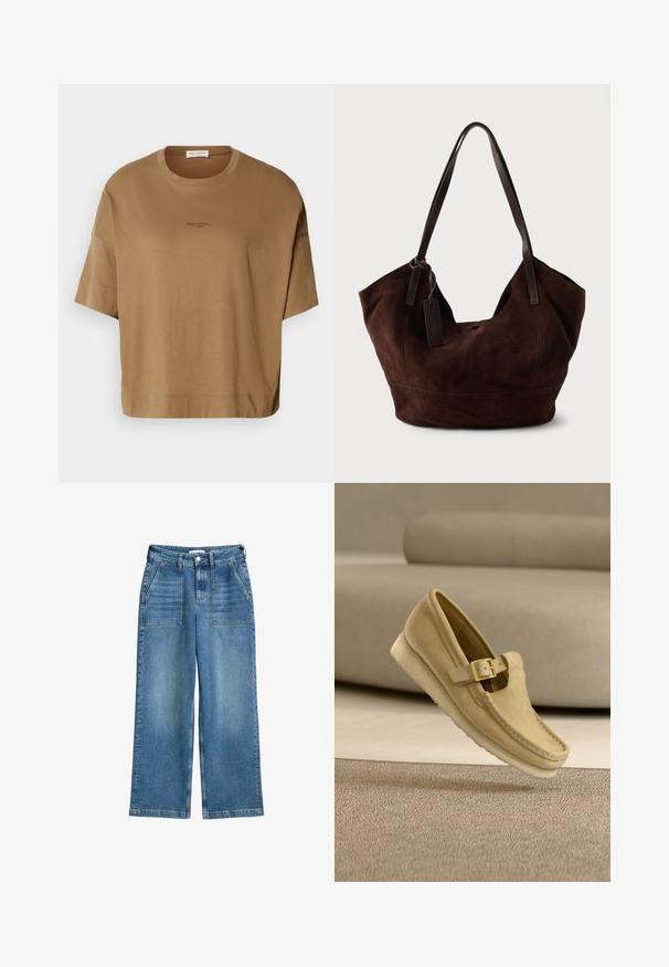 Brun oversized T-shirt med korte ærmer, rund halsudskæring og diskret logo-detaljering i sort. Blødt stof med en glat tekstur.; Højhalsede, brede bukser i blå denim med frontlommer, bæltestropper og lukning med frontknap og lynlås.; Beige ruskindsløfler med en guldspænde, detaljerede syninger og en crepesål, vist på et tekstureret tæppe med en beige sofa i baggrunden.; Brun ruskind taske med en blød, slouchy form. Har læderhåndtag og et tag-accent. Enkelt tekstur med buede sømme.