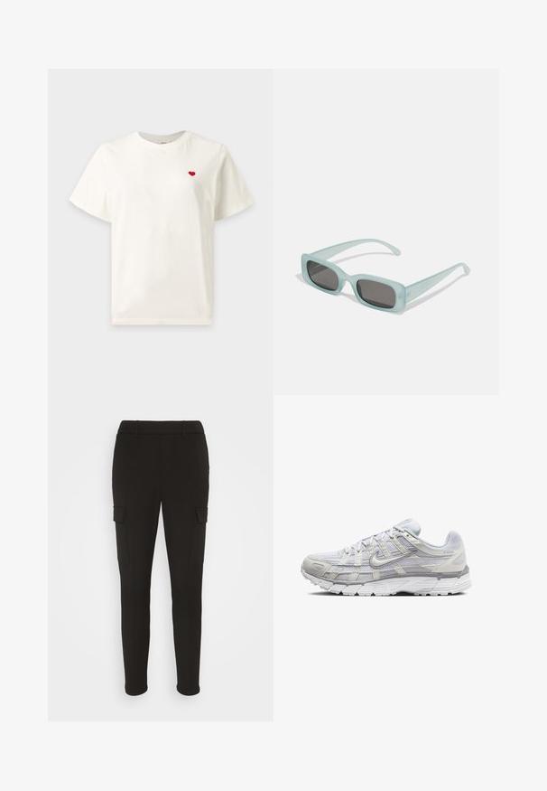 Simpel hvid T-shirt med korte ærmer med et lille rødt hjerte broderet på venstre bryst.; Vero Moda VMMAYA LOOSE PANT - Cargobukser - black; Lys grå atletik sko med en overdel i mesh og syntetiske materialer, der har snørebånd, polstret krave og struktureret sål for godt greb.; Et par rektangulære solbriller med lyseblå gennemsigtige stel og mørkegrå linser, der har lige templer og minimale hardware detaljer.
