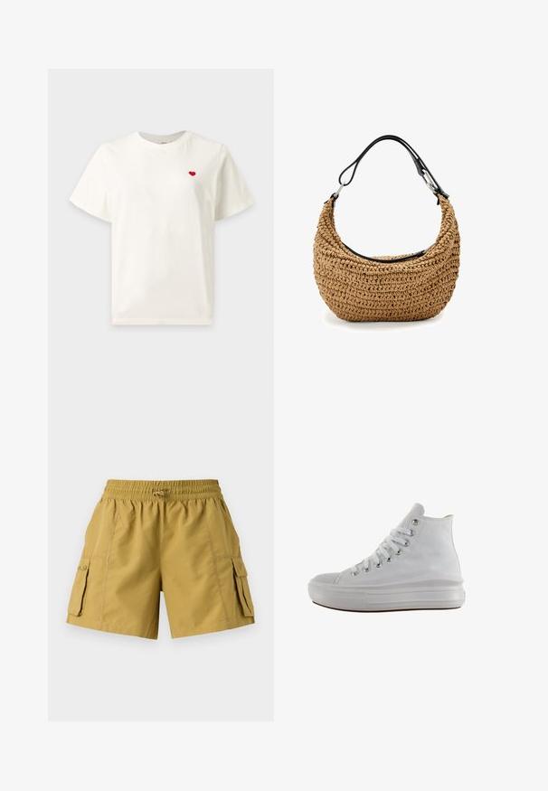 Schlichtes weißes T-Shirt mit kurzen Ärmeln und einem kleinen roten Herz, das auf der linken Brust eingestickt ist.; Cargo-Shorts in Khaki mit einem elastischen Bund, Kordelzug und zwei Seitentaschen. Hergestellt aus leichtem Stoff mit glatter Textur.; Weißer High-Top-Canvas-Sneaker mit weißen Schnürsenkeln, metallischen Ösen, dicker Gummisohle und strukturierter Zehenkappe, nach links auf weißem Hintergrund ausgerichtet.; Geflochtene Strohtasche in Beige mit geschwungener Silhouette, ausgestattet mit einem schwarzen Lederband und silbernen Metallakzenten. Strukturierte Oberfläche.