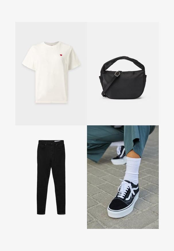 Eenvoudig wit T-shirt met korte mouwen met een klein rood hartje geborduurd op de linkerborst.; Zwarte denim jeans met een slanke pasvorm, voorzien van een taille op middenhoogte, vijf zakken, metalen knoopsluiting en subtiele stiksel-details.; Zwarte suède sneaker met witte accenten en veters, uitgerust met een dikke witte zool en contrasterende stiksels, gecombineerd met een witte sok.; Zwarte stoffen schoudertas met een gedraaide handgreep, een afneembare schouderband en een ritssluiting aan de bovenkant. Gladde textuur en minimalistisch design.