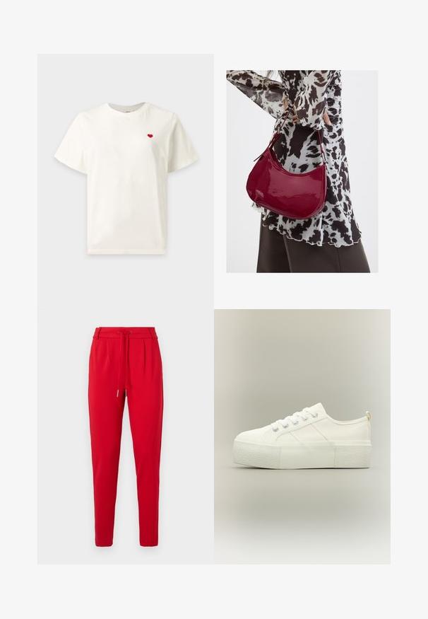 T-shirt blanc uni à manches courtes avec un petit cœur rouge brodé sur la poitrine gauche.; Pantalons rouges fuselés avec une taille élastique à cordon et des plis à l'avant, présentés sur un fond blanc.; Baskets à plateforme blanches avec semelle épaisse texturée, lacets à l'avant et détails discrets de couture sur un fond neutre.; Femme portant un chemisier à motif noir et blanc tenant un sac à main rouge brillant sur un fond uni.