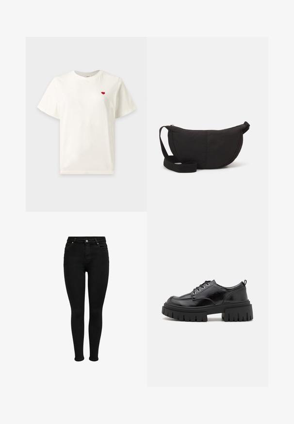 Eenvoudig wit T-shirt met korte mouwen met een klein rood hartje geborduurd op de linkerborst.; Zwarte hoogtaille skinny jeans met een knoop aan de voorkant, riemlussen en een vijf-pocket ontwerp, getoond tegen een witte achtergrond.; Zwarte leren veterschoenen met een rond neus, dikke zwarte plateauzool en geribbeld patroon. Voorzien van veterogen en een trekhaak aan de achterkant.; Zwarte schoudertas met een ronde silhouette. Gemaakt van textuurstof, voorzien van een ritsluiting en een gevlochten schouderband. Eenvoudig, minimalistisch ontwerp.
