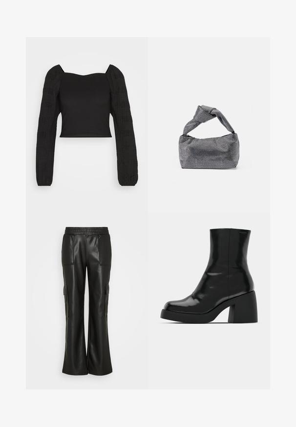Schwarzes Cropped Top mit eng anliegendem Schnitt, quadratischem Ausschnitt und langen Puffärmeln mit strukturierten Mustern und elastischen Bündchen. Aus leichtem Stoff gefertigt.; Gina Tricot TROUSERS - Cargohose - black; Schwarze Stiefeletten mit glänzender Oberfläche, quadratischer Zehenpartie und dicker Blockabsatz. Das Design zeichnet sich durch eine nahtlose Silhouette und minimalistische Markenkennzeichnung aus.; Schwarz-silberne Handtasche mit einer strukturierten Oberfläche, die ein Diamantmuster aufweist, einem geknoteten Griff und einer strukturierten Form.