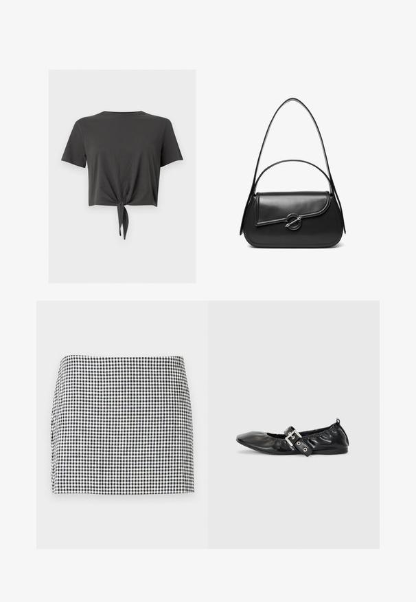 Mørkegrå kortærmet cropped t-shirt med rund halsudskæring og knude foran ved kanten.; Mini-nederdel med sort og hvid ternet mønster og lige kant mod en ensartet lys baggrund.; Sorte læder flade sko med spids tå, samling detaljer omkring åbningen, og en sølv spænde accent på den justerbare rem.; Sort skuldertaske i læder med en buet klap, der er fastgjort med en rund metal spænde, og en slank, justerbar rem.