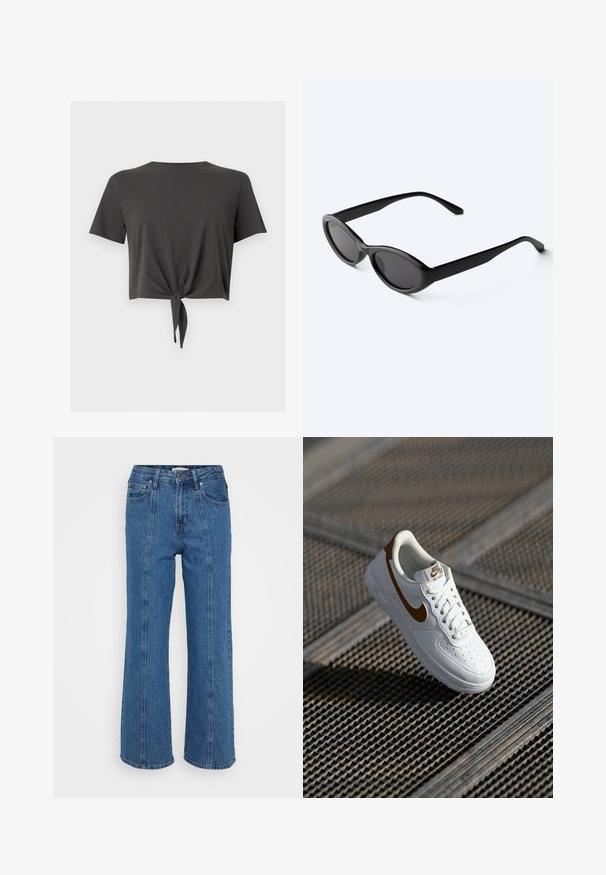 Mørkegrå kortærmet cropped t-shirt med rund halsudskæring og knude foran ved kanten.; Blå højtaljede wide-leg jeans med en falmet finish, der har fremtrædende front sømme og fem-lomme design, lavet af denimstof.; Hvid læder sneaker med perforeringer, brun Nike swoosh og snørebånd. Har en tekstureret sål og polstret krave.; Slanke sorte ovale solbriller med mørke linser og lige arme, hvilende på en hvid overflade.