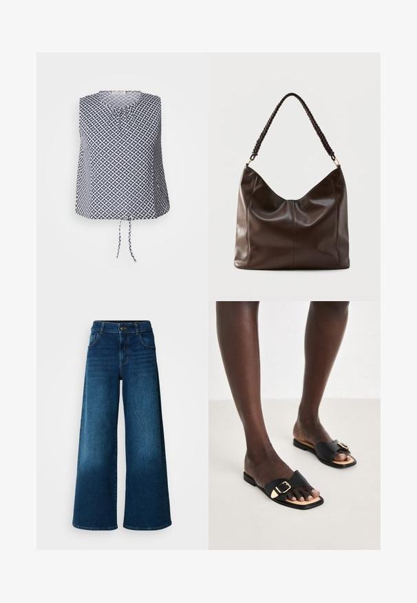 Ärmløs top i marineblå og hvid, med et geometrisk stjernemønster, rund halsudskæring og en bånddetalje i kanten. Blødt, let materiale.; Viddejeans lavet af mørkeblå denim. Har høj talje, knaplukning og klassisk fem-lomme design med subtile falme.; Sorte flade sandaler lavet af læder med en bred rem, der har en guldbuckle. Sålen er flad og fremviser et minimalistisk design.; Mørkebrun læder skuldertaske med flettet håndtag og synlige sømdetaljer på forsiden.