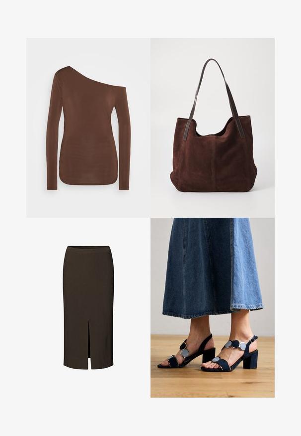 Top marron à manches longues avec un encolure asymétrique, arborant un design à une seule épaule et une texture lisse et ajustée.; Modström SKIRT - Jupe crayon - dark coffee; Marco Tozzi Sandales - navy; Sac fourre-tout en daim marron avec deux anses en cuir noir. Texture douce, haut arrondi et un intérieur spacieux. Aucun matériel ou embellissement visible.