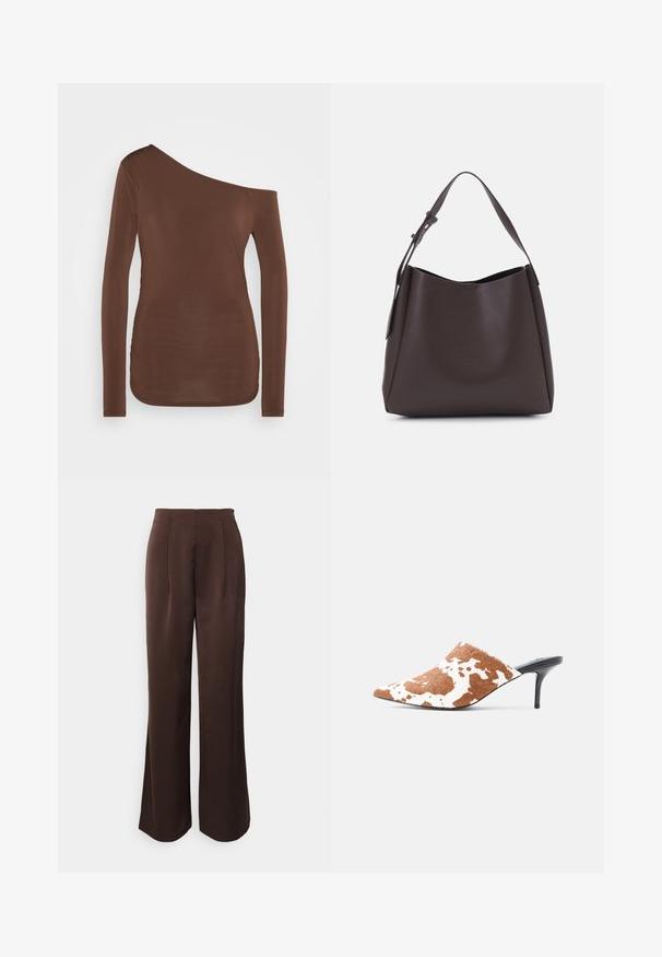 Top marron à manches longues avec un encolure asymétrique, arborant un design à une seule épaule et une texture lisse et ajustée.; Anna Field by Zalando Pantalon classique - brown; Mule à bout pointu avec dessus imprimé motif vache marron et blanc et talon aigu slim noir sur fond gris clair.; Vero Moda VMLANE - Cabas - chocolate torte