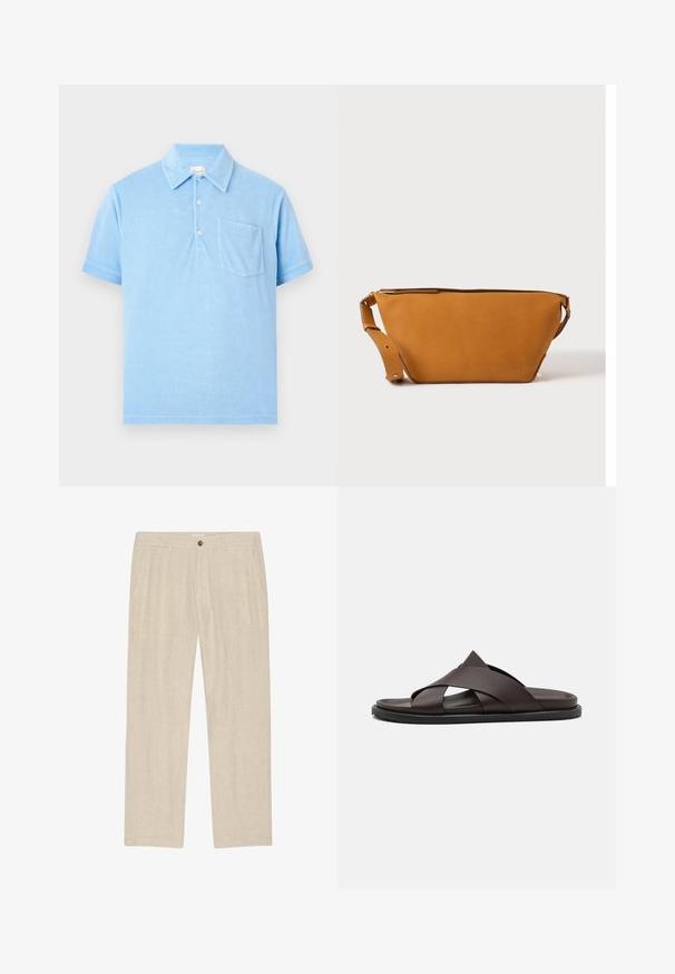 Polo bleu clair à manches courtes avec col, trois boutons et une poche poitrine, présenté sur un fond neutre.; Pantalon beige à jambes droites avec poches avant, fermeture par bouton et zip, fabriqué en tissu léger texturé.; Stuart Weitzman BERKLEY - Mules - espresso; Sac bandoulière en cuir marron clair avec sangle réglable et fermeture éclair, présenté sur un fond clair uni.