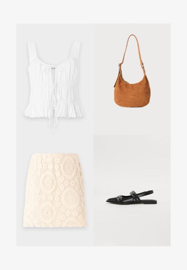 Hvid ærmeløs top med samlet tekstur, justerbar frontknude og flared kant; lavet af letvægtsstof.; Blonde nederdel i creme med blomstermønster. Har komplekse ovale udsnit og en tætsiddende silhuet. Den teksturerede stof tilføjer et delikat udseende.; Even&Odd by Zalando Slingback-ballerinasko - black; Tan ruskinds skuldertaske med buet design, justerbar rem, metallynlås og præget logo-detail på forsiden.