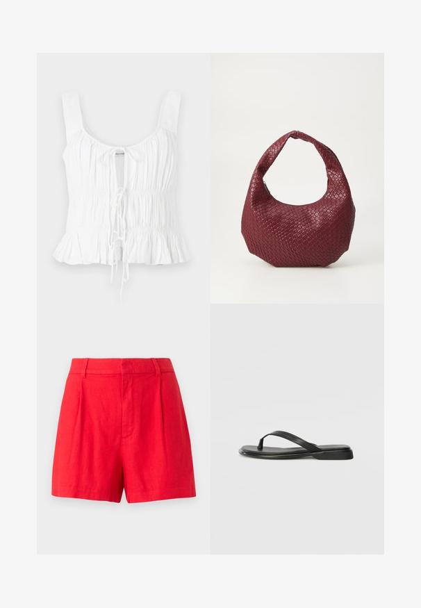 Hvid ærmeløs top med samlet tekstur, justerbar frontknude og flared kant; lavet af letvægtsstof.; Røde linned shorts med et skræddersyet design, der har foldedetaljer, en glat tekstur og en mellemhøj talje.; Sorte flip-flops lavet af glat læder, med et tyndt remdesign og en flad sål med et minimalt profil. Ingen bemærkelsesværdige mønstre eller accenter.; Vævet bordeaux håndtaske med en rund silhuet, et enkelt håndtag og en tekstureret overflade. Lynlåslukning øverst.