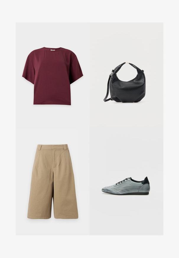 Effen donkerrode katoenen T-shirt met korte mouwen, ronde hals en losse pasvorm op een effen lichte achtergrond.; Beige knielange shorts met lussen voor een riem, voorplooien en een verborgen voorsluiting, gemaakt van zachte stof.; Lichtgrijze lederen sneaker met een slank ontwerp, voorzien van gestikte details, zwarte veters en een donker accent op de hak. Rubberen zool.; Zwart gevlochten lederen handtas met korte handgreep en afneembare schouderriem, getoond tegen een effen lichte achtergrond.