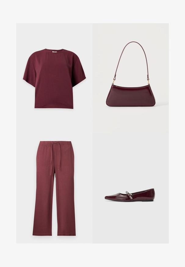 Effen donkerrode katoenen T-shirt met korte mouwen, ronde hals en losse pasvorm op een effen lichte achtergrond.; ONLY Petite ONLGOA PULL UP CULOTTE - Broek - rose brown; Bordeaux lakleren ballerina's met een spitse neus, enkelband met zilveren hardware en een platte zool. Vloeiende, glanzende textuur.; Donker bordeaux glanzende handtas met een enkele dunne handgreep en een slanke trapeziumvorm op een effen lichte achtergrond.