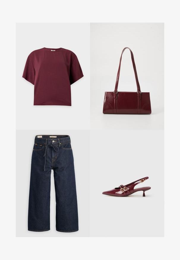 Einfarbig dunkelrotes T-Shirt aus Baumwolle mit kurzen Ärmeln, Rundhalsausschnitt und lockerer Passform vor schlichtem, hellem Hintergrund.; Dunkelblaue, weit geschnittene Jeans aus Denim mit einem Kordelzugbund, Fronttaschen und kontrastierenden orangen Nähten.; Bordeauxfarbener Lackleder Slingback-Schuh mit einer spitzen Kappe, zwei flachen Riemen mit goldenen Schnallen und einem kleinen Absatz.; Burgunderfarbene Handtasche aus glänzendem Material, rechteckige Form, mit zwei Schulterriemen und subtilen, geschwungenen Akzenten an der Vorderseite.