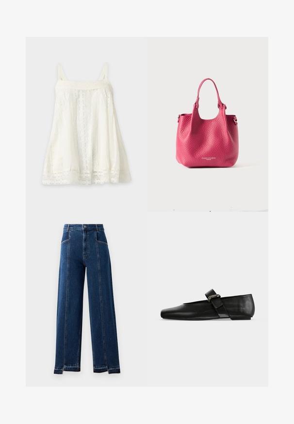 Weißes ärmelloses Sommerkleid mit Spitzenverzierung und dünnen Schulterträgern auf hellem Hintergrund.; Hochtaillierte, weite Jeans in dunkelblauem Denim mit Vordertaschen, kontrastierenden Nähten und ausgefransten Saumdetails.; Schwarzer flacher Lederschuh mit abgerundeter Spitze und einem Riemen mit metallischer Schnalle über dem Spann.; Rosafarbene Leder-Tote mit texturierter Oberfläche, kurzen Griffen und silberfarbener Hardware. Mit Logo-Details auf der Vorderseite.