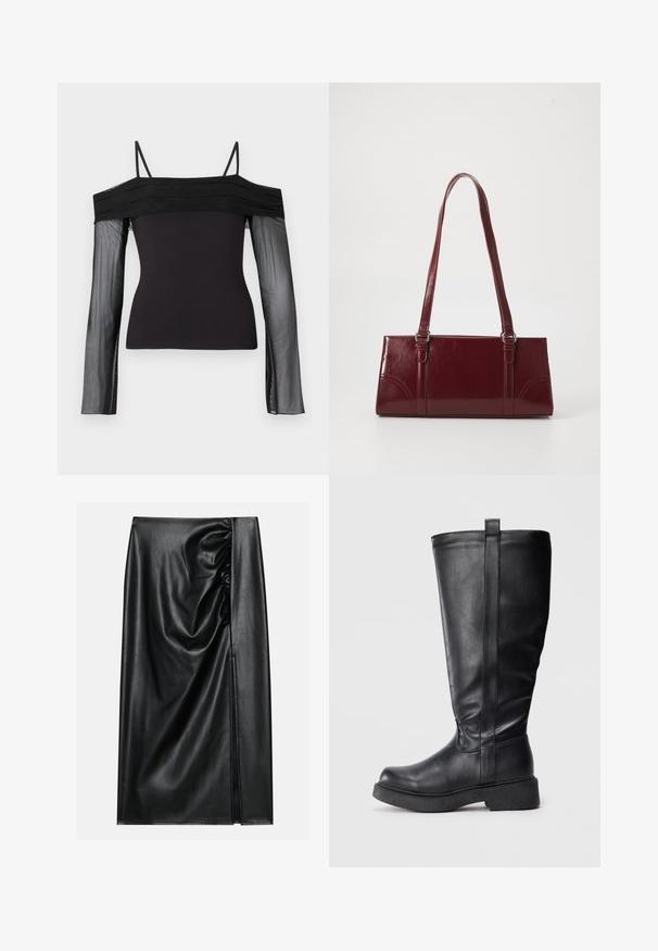 Zwarte off-shoulder top met dunne bandjes en doorzichtige lange mouwen van transparante mesh stof.; Zwarte leren rok met een soepele textuur, voorzien van een geplooid gedeelte aan één kant en een zijspleet voor extra detail.; Zwarte kniehoge laarzen van glad leer met een ronde neus, platte zool en een verticale naaddetail langs de zijkant.; Bourgondische handtas van glanzend materiaal, rechthoekige vorm, met twee schouderbanden en subtiele gebogen accenten aan de voorkant.