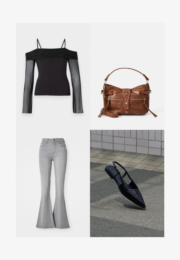 Sort off-shoulder top med tynde stropper og gennemsigtige lange ærmer lavet af gennemskinneligt mesh-stof.; Højtaljede lysegrå denim jeans med flared ben, frontknap, lynlås og for- samt baglommer.; Sort slingback-flad sko med spids tå, svævende over en asfaltflade ved siden af en flisebelagt fortov.; Brun læderhåndtaske med en rund form, to frontlommer med lynlås og en aftagelig skulderrem. Udstyret med hardware og syninger i sølvfarve.