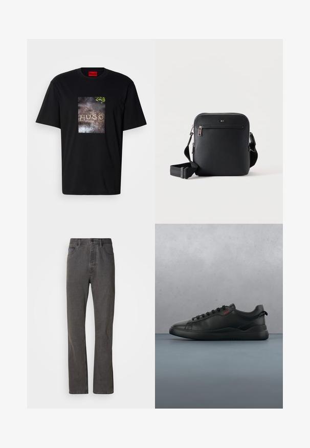 T-shirt en coton noir avec un imprimé graphique rectangulaire représentant le mot "HUGO" sur une surface texturée. Manches courtes, col rond.; Jeans en denim gris avec une coupe droite, dotés de poches avant, d'une fermeture à bouton et d'une texture subtile.; HUGO BLAKE - Baskets basses - black; Sac bandoulière en cuir noir avec poche zippée à l'avant et bandoulière réglable sur fond blanc uni.