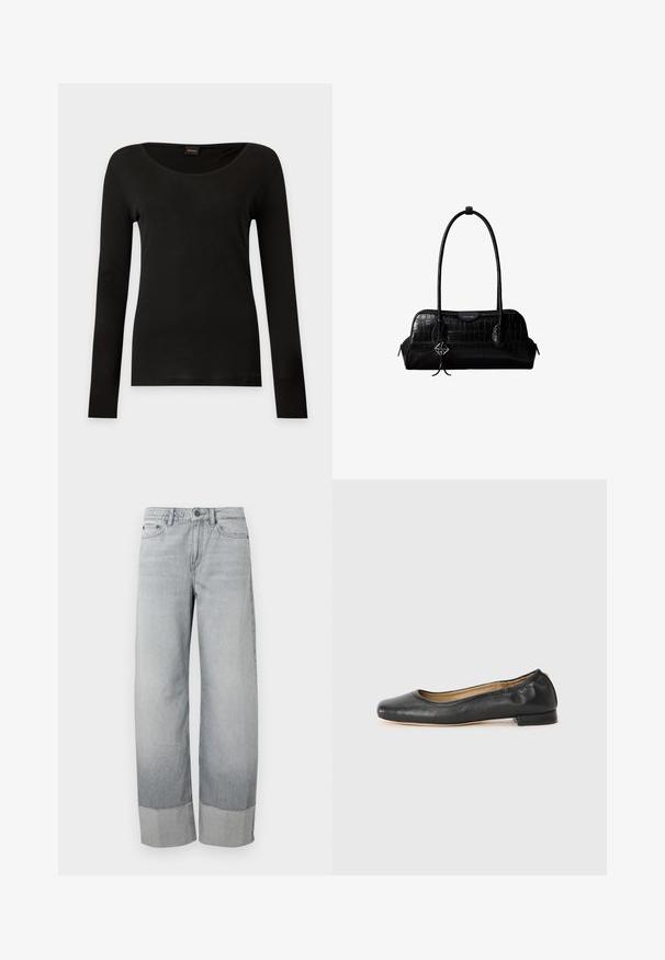 Haut noir à manches longues ajusté avec encolure ronde, présenté à plat sur un fond clair.; Jean en denim gris clair à coupe large, avec un revers doublement retourné et un léger effet délavé. Fermeture devant standard avec bouton et fermeture éclair.; Ballerines en cuir noir avec un bout arrondi et des coutures minimales. Talon bas et rectangulaire avec une texture lisse. Détails subtils de doublure intérieure.; Sac à épaule en cuir noir à texture crocodile, avec de longues sangles et un petit charm logo argenté sur une sangle.