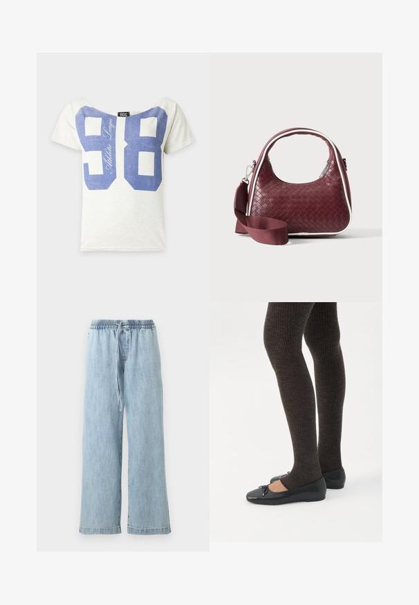 T-shirt blanc à manches courtes avec un grand numéro bleu 98 et le texte "Athletic League" sur le devant.; Pantalon large en denim bleu clair avec taille élastique et cordon de serrage, poches avant et coupe décontractée.; Jambes portant des leggings côtelés foncés associés à des ballerines noires avec de petits détails en nœud sur fond blanc.; Sac à main en cuir tressé marron foncé avec poignée courbée, garniture blanche, fermeture éclair argentée et bandoulière large en tissu amovible sur fond uni.