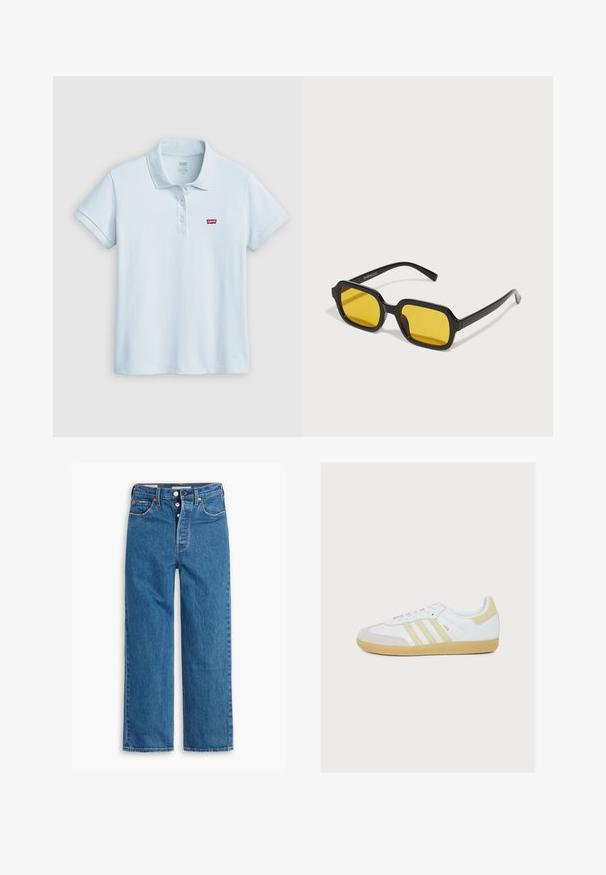Lyseblå polo shirt lavet af bomuld, med en kravehals, tre knapper og et lille rødt Levi's-logo på venstre bryst. Korte ærmer.; Blå denim lige ben jeans med høj talje, fem lomme design og knaplukning. Markante syninger og kobberfarvede nitter.; Hvid Adidas Samba sneaker med beige ruskind striber, hælpude, tå-overlay og gummisål på hvid baggrund.; Sorte rektangulære solbriller med gule linser. Funktioner inkluderer tykke stel og kantet design med en glat, blank finish.
