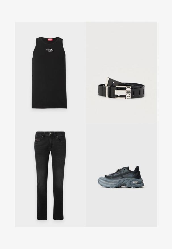 Schwarzes ärmelloses Tanktop aus Baumwolle. Verfügt über einen runden Halsausschnitt und ein kleines weißes Diesel-Logo auf der Brust. Glatte Textur.; Schwarze Denim-Jeans mit geradem Bein, ausgestattet mit Vorder- und Gesäßtaschen, subtilen Ausbleichungen und einem Metallknopfverschluss.; Schwarz- und graue Diesel-Sneaker mit dicker Sohle, Schnürverschluss und strukturiertem Design auf einem schlichten hellgrauen Hintergrund.; Schwarzer Ledergürtel mit silberner Metallschließe, auf der das Wort "DIESEL" zu sehen ist. Der Gürtel verfügt über mehrere Einstelllöcher entlang seiner Länge.