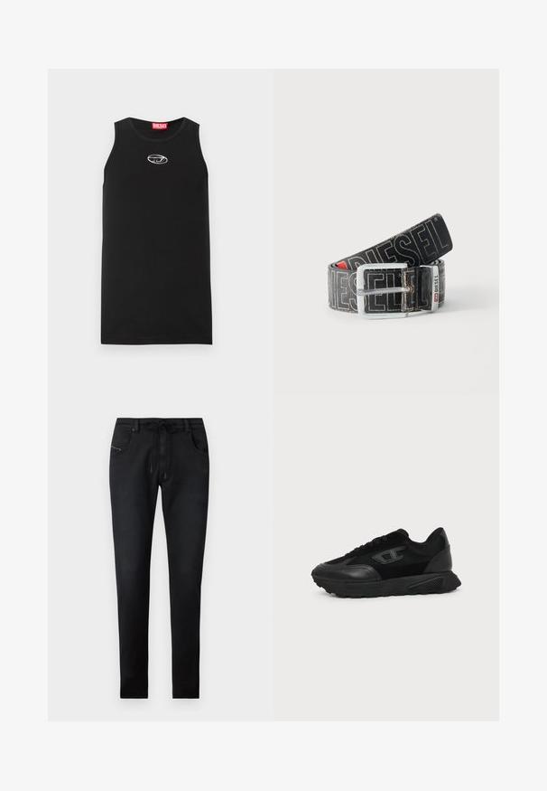 Must puuvillast varrukateta top. Omab ümmargust kaelust ja väikest valget Diesel logo rinnal. Sile tekstuur.; Mustad denim püksid, mis on slim fit lõikega, paelaga vöös, kahe esikäe taskuga ja peente õmblusdetailidega. Sile tekstuur.; Must madal jalanõu tekstuurse tallaga, võrgust ja nahast pealmise osaga, ees nöörimine ning külgpaneelil väike reljeefne logo.; Must must diislivöö suure valge logoteksti, ristkülikukujulise hõbedase pandla ja kaubamärgiga metallist aasaga, keritud heledal taustal.
