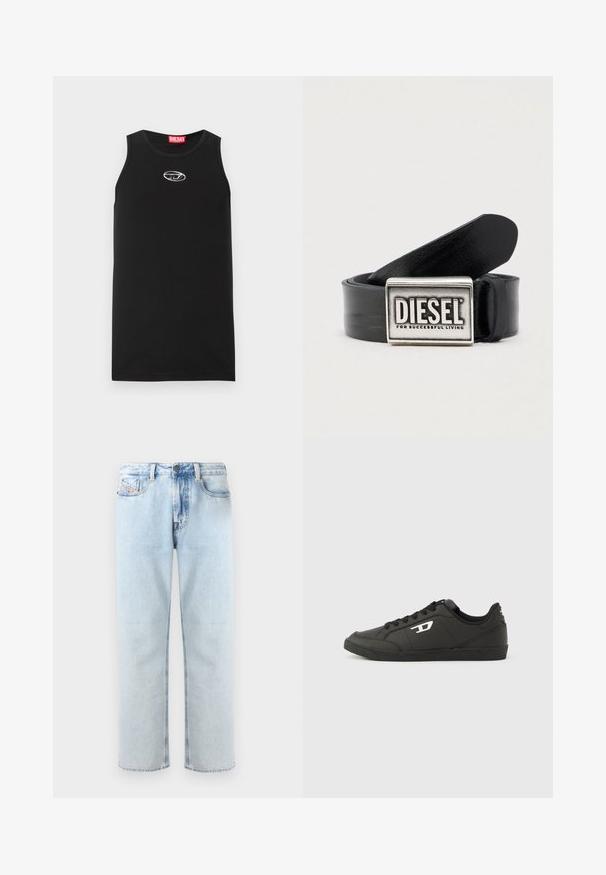 Zwarte mouwloze tanktop van katoen. Heeft een ronde halslijn en een klein wit Diesel-logo op de borst. Gladde textuur.; Lichtblauwe denim jeans met een rechte pijp, vijf zakken en subtiele vervaging. Voorzien van een knoopsluiting en een lus voor een riem.; Zwarte sneakers van synthetisch materiaal met een geribbelde zwarte zool, ronde neus en vlakke zwarte veters. Opvallend wit logomerk aan de buitenzijde.; Zwarte leren riem met een rechthoekige zilveren gesp met de merknaam "DIESEL" en de tekst "FOR SUCCESSFUL LIVING." Soepele textuur.