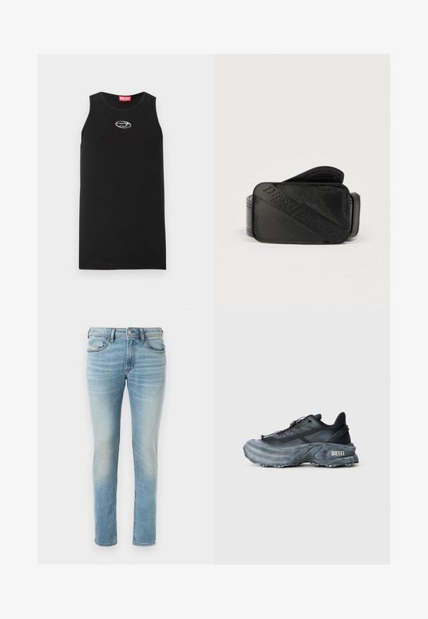 Schwarzes ärmelloses Tanktop aus Baumwolle. Verfügt über einen runden Halsausschnitt und ein kleines weißes Diesel-Logo auf der Brust. Glatte Textur.; Hellblaue Denim-Jeans mit tailliertem Schnitt, fünf Taschen, subtilen Auswaschungen, mit Knopfverschluss und Gürtelschlaufen.; Schwarz- und graue Diesel-Sneaker mit dicker Sohle, Schnürverschluss und strukturiertem Design auf einem schlichten hellgrauen Hintergrund.; Schwarzer Gürtel mit strukturiertem Design und einem markanten, eingeprägten Logo. Das Material wirkt glatt mit einem lederähnlichen Finish.