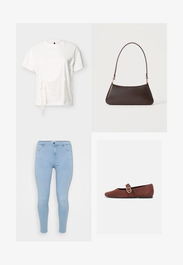 Hvid kortærmet bomuldst-shirt med rund halsudskæring og justerbar bindedetalje i siden på en ensfarvet baggrund.; Lysblå skinny jeans lavet af denim, med knaplukning, fem lommer og en glat, let falmet tekstur.; Brun ruskind Mary Jane-flad sko med en guldspænde og sort sål på hvid baggrund.; Mørkebrun læderhåndtaske med en buet toplynlås og en tynd skulderrem med guldfarvede låse på en ensfarvet baggrund.