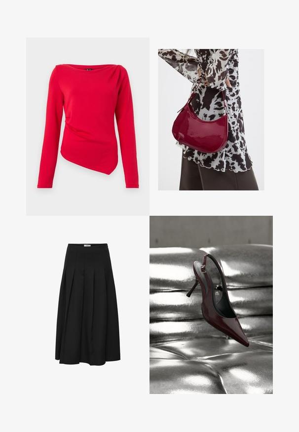 Rotes langärmliges Oberteil mit Boot-Ausschnitt, asymmetrischem Saum und drapiertem Schultern Detail, aus weichem Stretchstoff gefertigt.; Schwarzer plissierter Midirock aus glattem Stoff. Verfügt über eine hohe Taille und eine fließende Silhouette mit sorgfältig genähten Falten.; Dunkelroter Slingback High Heel Schuh mit spitzer Spitze, der auf einer glänzenden metallisch silbernen gepolsterten Oberfläche liegt.; Frau trägt eine schwarz-weiß gemusterte Bluse und hält eine glänzende rote Schultertasche vor einem einfarbigen Hintergrund.