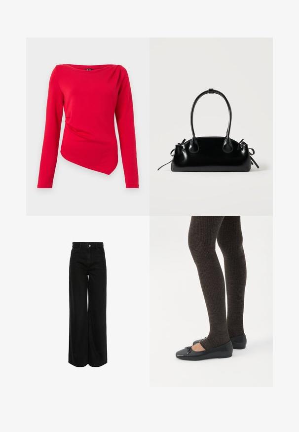 Rotes langärmliges Oberteil mit Boot-Ausschnitt, asymmetrischem Saum und drapiertem Schultern Detail, aus weichem Stretchstoff gefertigt.; Schwarze Denim-Jeans mit weitem Bein und hoher Taille, fünf Taschen-Design und silbernen Beschlägen. Der Stoff hat eine glatte, leicht strukturierte Oberfläche.; Beine in dunklen, gerippten Leggings kombiniert mit schwarzen Ballerinas mit kleinen Schleifendetails auf weißem Hintergrund.; Kleine schwarze glänzende Handtasche mit zwei langen Griffen und seitlichen Kordelzug-Details vor einfachem hellem Hintergrund.