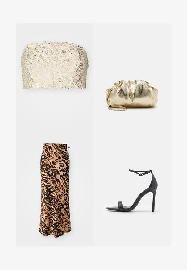 Patrizia Pepe CAMICIA - Top - ivory/shiny gold; Maxikjole med leopardprint og en tætsiddende talje, lavet af blødt stof, med nuancer af brun og sort i en svævende A-formet silhuet.; Sorte højhælede sandaler med åben tå, tynde stropper og spænde om anklen. Glat lædertekstur med spidse tådesign.; Guldmetallic clutchtaske med en rynket tekstur, blød rund form og en aftagelig kæderekke. Har et sammenfoldet design øverst.