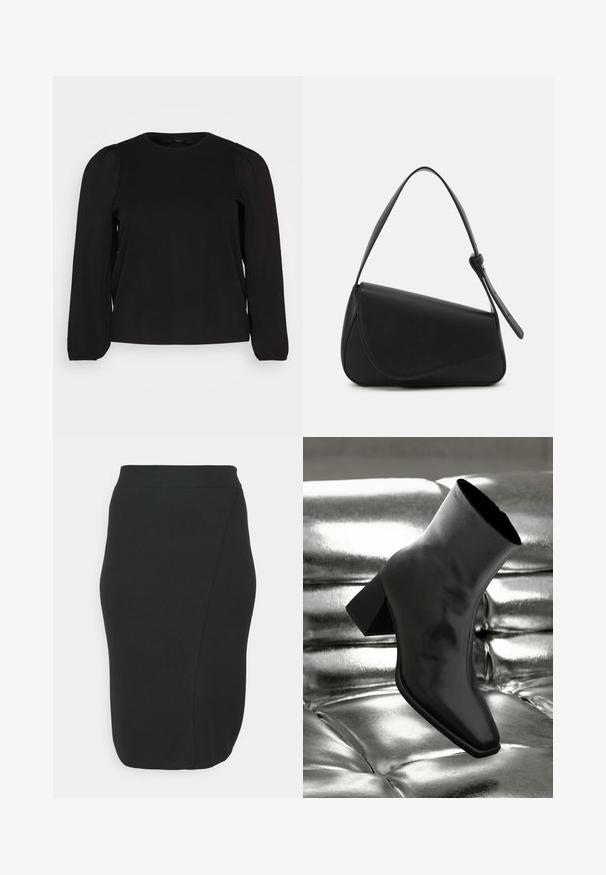 Vero Moda Curve VMCRITH - Μπλούζα με μακριά μανίκια - black; EVOKED VILA VIMARLA PENCIL SKIRT - Pencil φούστα - black; Μαύρη μπότα μέχρι τον αστράγαλο από γυαλιστερό υλικό, με τετράγωνη μύτη και λεπτό τακούνι, σε φόντο από γυαλιστερό ασημένιο ταπέτο.; Μαύρη δερμάτινη τσάντα χειρός με τριγωνικό σχήμα, γωνιακή καπάκι και στρογγυλή λαβή στην κορυφή. Διαθέτει λεία υφή και μινιμαλιστικά σχεδιαστικά στοιχεία.