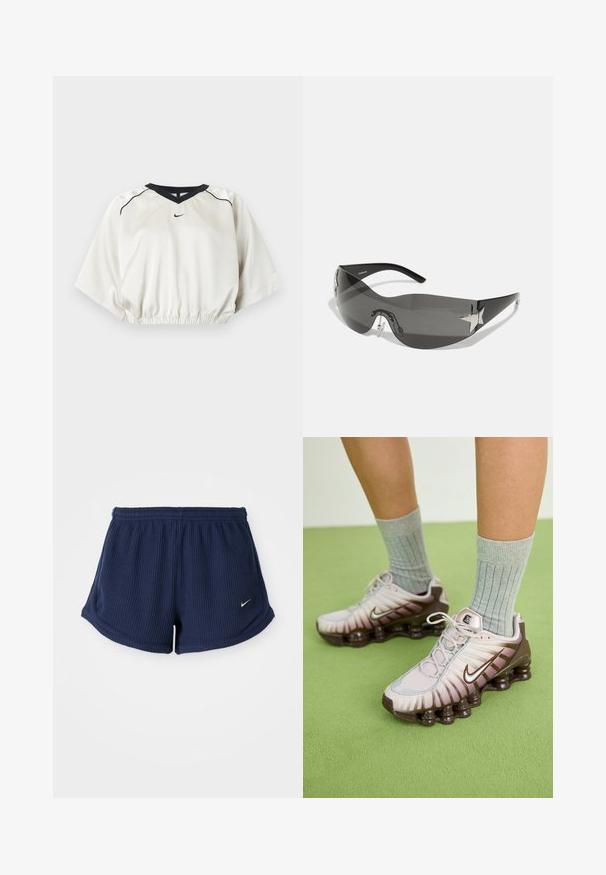 Top deportivo corto blanco con ribete en V negro, cintura elástica, mangas cortas y anchas y pequeño logo negro de Nike en el centro delantero.; Pantalones cortos deportivos de color azul marino, con textura acanalada y una cinturilla elástica, que presentan un pequeño logo blanco de Nike en el lado inferior. Tejido de textura suave.; Zapatillas Nike en rosa claro y marrón, con un upper texturizado, diseño en capas y suela con amortiguación que incluye unidades de aire visibles.; Gafas de sol negras con diseño envolvente, lentes oscuros, acentos brillantes en forma de estrella y almohadillas nasales ajustables.
