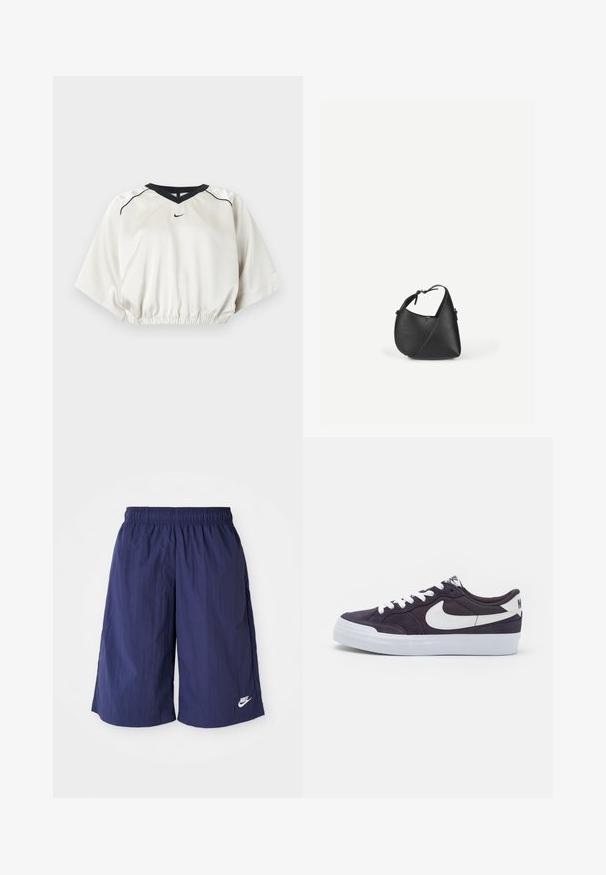 Valge lühendatud sporditopp musta V-kaeluse äärega, elastse vöökohaga, lühikeste laiade varrukatega ja väikese musta Nike logoga ees keskel.; Tumedane sinine Nike'i lühikesed püksid elastse vöökohtaga, valmistatud kergest ja siledast kangast, millel on alumises servas väike valge logo.; Tumesinine nubukist sneaker valgete paeltega ja Nike swoosh logoga. Madal disain, kummist tallad ja pehmendusega kaelus lisamugavuseks.; Mustast nahast õlakott ümarate kolmnurksete vormidega ja reguleeritava rihmaga, ühel tasasel heledal taustal.