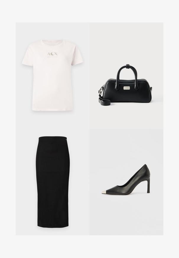 T-shirt en coton rose clair à manches courtes, col rond, ornée d'un logo métallisé argent "ACX ARMANI EXCHANGE" sur le devant.; Jupe crayon noire en tissu lisse, présentant une silhouette ajustée, une longueur au genou, et un petit logo de marque près de la ceinture.; Chaussure à talon haut en cuir noir avec bout pointu et capuchon argenté métallique. Présente une finition lisse et un talon fin de 10 cm.; Sac à main rectangulaire en cuir noir avec deux poignées, bandoulière amovible et petite plaque logo de la marque en argent sur le devant.