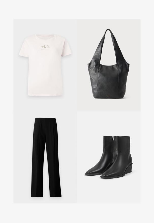 Lichtroze katoenen t-shirt met korte mouwen, ronde hals, met een metallic zilveren "ACX ARMANI EXCHANGE" logo op de voorkant.; Zwarte wijde broeken van gladde stof, met een platte tailleband en voorplooien voor een verfijnde uitstraling. Geen zichtbare hardware of patronen.; Een paar zwarte leren enkellaarsjes met puntige neuzen, sleehakken en zijritssluitingen op een effen lichte achtergrond.; Zwarte leren schoudertas met brede bandjes en subtiel gouden logo onderaan in het midden tegen een effen lichte achtergrond.